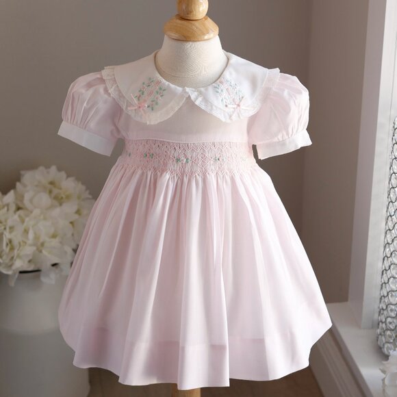 Pink Smocked Traditional Heirloom Dress Lace Satin Ribbon trim 12 Months UNIQUE - Picture 1 of 7